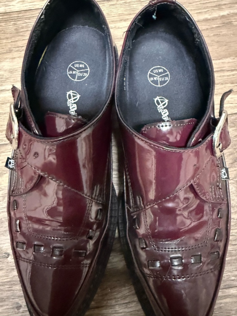 TUK Women’s Burgundy Patent Leather Monk Strap Shoes - Picture 2 of 6